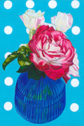 Original painting on canvas of a vase with pink and white flowers on a blue background with white polka dots
