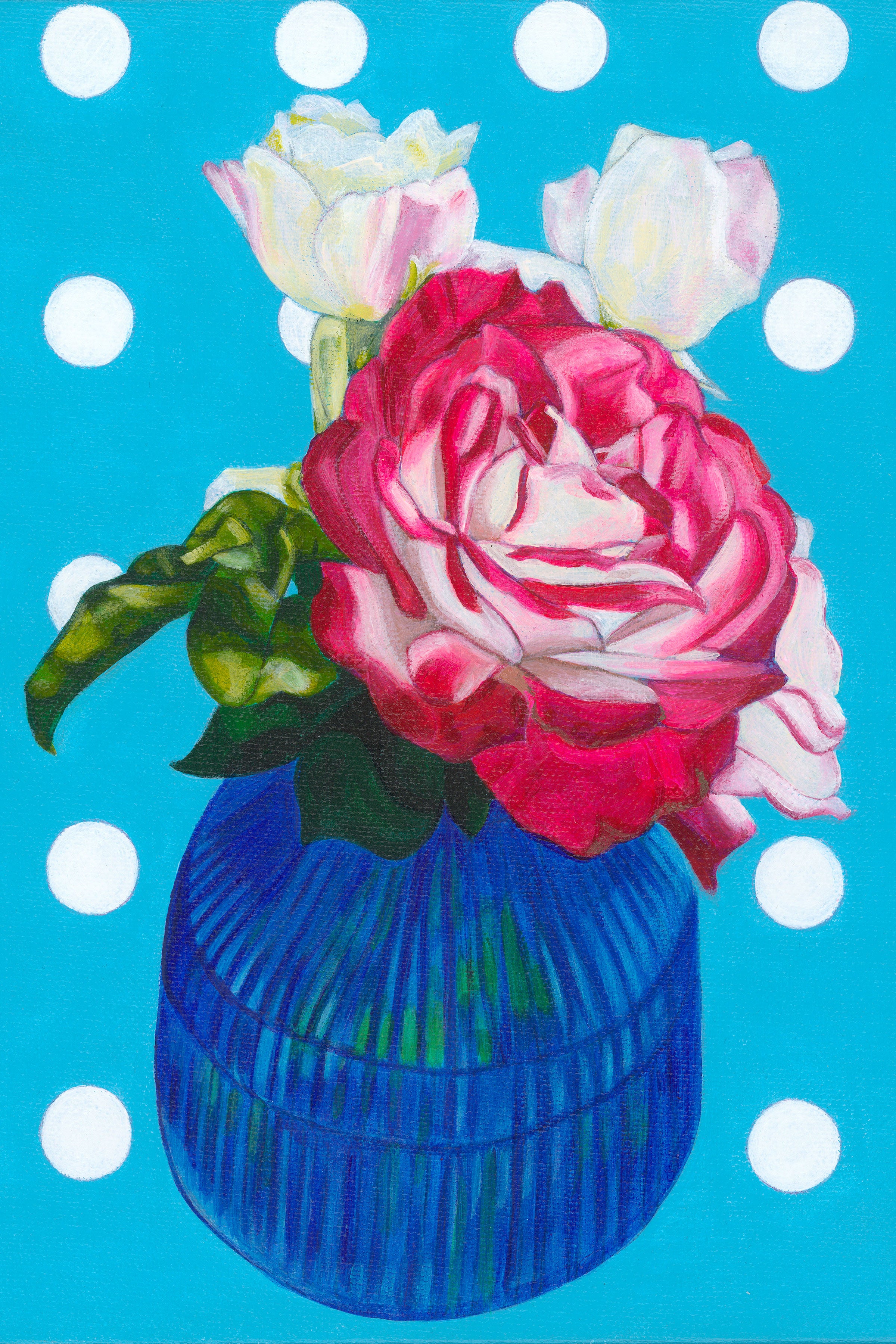 Original painting on canvas of a vase with pink and white flowers on a blue background with white polka dots
